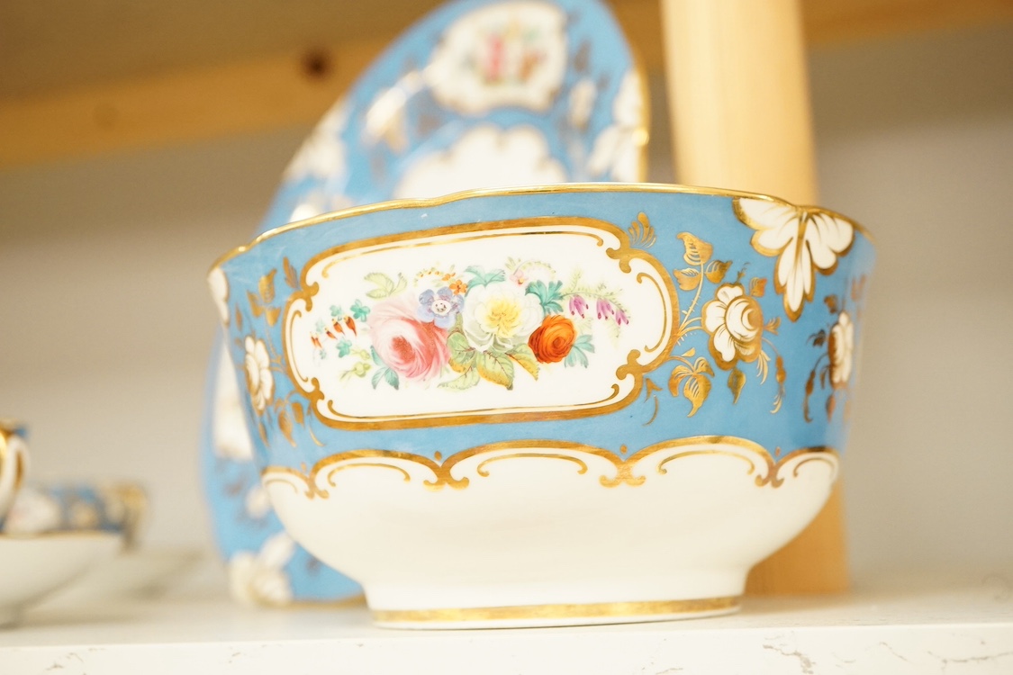 A mid 19th century English porcelain tea service with floral and gilt decoration. Condition - mostly good